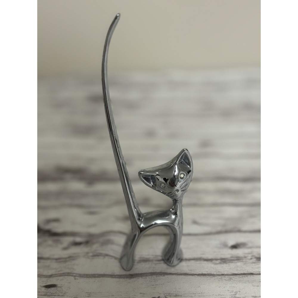 Vintage MCM Metal Silver Tone Kitty Cat Ring Holder Rhinestone Eyes Long Tail